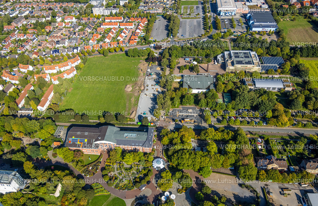 Hamm250901277 | Luftbild, Baustelle und Wiese am Freiherr-vom-Stein-Gymnasium, Eingangsbereich Maximilianpark Hamm, Uentrop, Hamm, Ruhrgebiet, Nordrhein-Westfalen, Deutschland