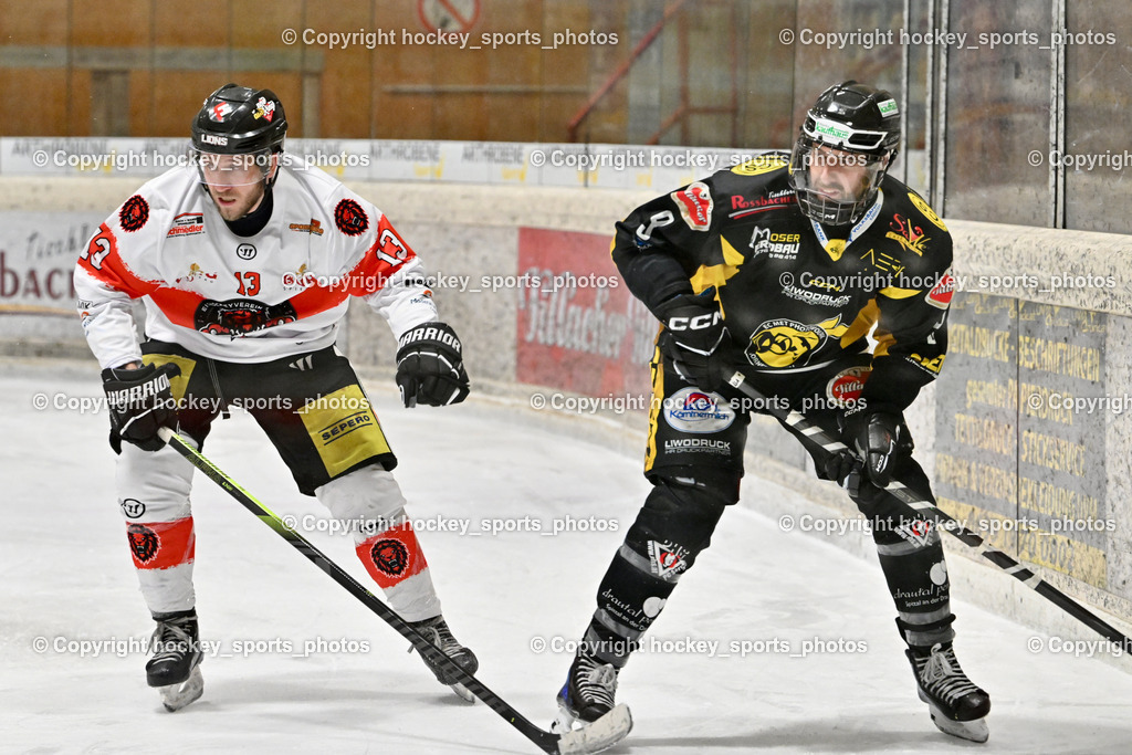 EC MET PHOTOVOLTAIK HORNETS SPITTAL vs. EV ZELTWEG MURTAL LIONS | #13 Schiech Thomas EV ZELTWEG MURTAL LIONS, #9 Essmann Kevin EC Hornets Spittal, EC MET PHOTOVOLTAIK HORNETS SPITTAL vs. EV ZELTWEG MURTAL LIONS, EC MET PHOTOVOLTAIK HORNETS SPITTAL vs. EV ZELTWEG MURTAL LIONS am 08.02.2026 in Spittal an der Drau (Eissportzentrum Spittal), Austria, (Photo by Bernd Stefan)