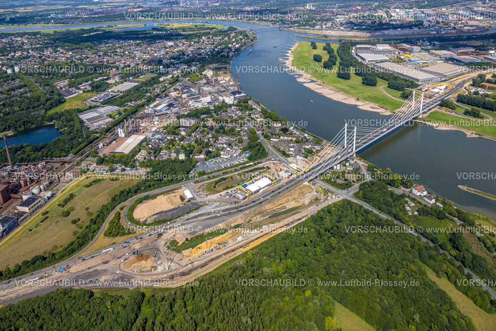 Duisburg250705144West | Luftbild, Großbaustelle Rheinbrücke Neuenkamp mit Autobahn A40 über den  Fluss Rhein, Anschlussstelle Auffahrt Homberg, Alt-Homberg, Duisburg, Ruhrgebiet, Nordrhein-Westfalen, Deutschland