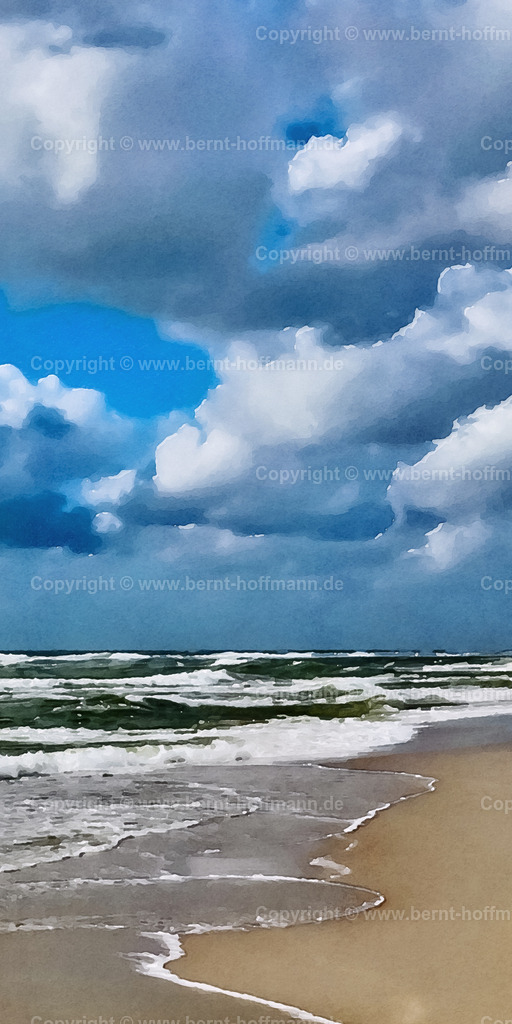 PDM2_7953_Strand_oB_60x120 | DIGITALKUNST. Nordseestrand - OHNE Badegäste. Meereswellen mit Brandung und typischem Nordseehimmel. - Realisiert mit Pictrs.com