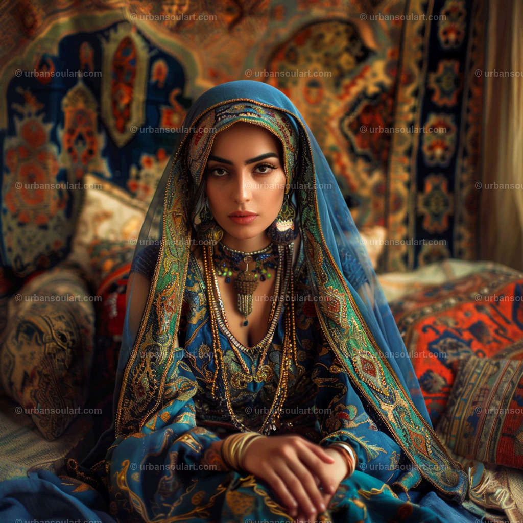 Persian Woman In Blue Dress And Headscarf | This breathtaking canvas captures the regal beauty of a Persian woman adorned in a blue dress and ornate headscarf. Detailed and captivating, the image brings cultural richness and sophistication to any space, reflecting timeless tradition with a modern artistic flair. - Realisiert mit Pictrs.com
