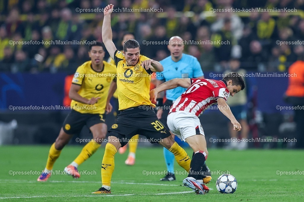 UCL01102501091 | 01.10.2025, Fußball, UEFA Champions League, Borussia Dortmund - Athletic Club Bilbao, BVB Stadion, 2. Spieltag, Saison 2025 2026: Marcel Sabitzer (BVB #20) im Zweikampf gegen  Inigo Ruiz de Galarreta (Bilbao #16)  Regulations prohibit any use of photographs as image sequences and or quasi-video.