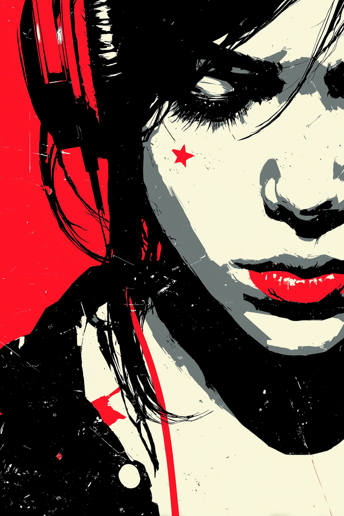 Poster: HER FREQUENCY – The Fragment – Lost in sound. Found in herself. | Fragmentiertes Frauenportrait mit Kopfhörern und Stern auf der Wange in Schwarz-Weiß-Rot – Musikposter aus der Kollektion HER FREQUENCY - Realisiert mit Pictrs.com