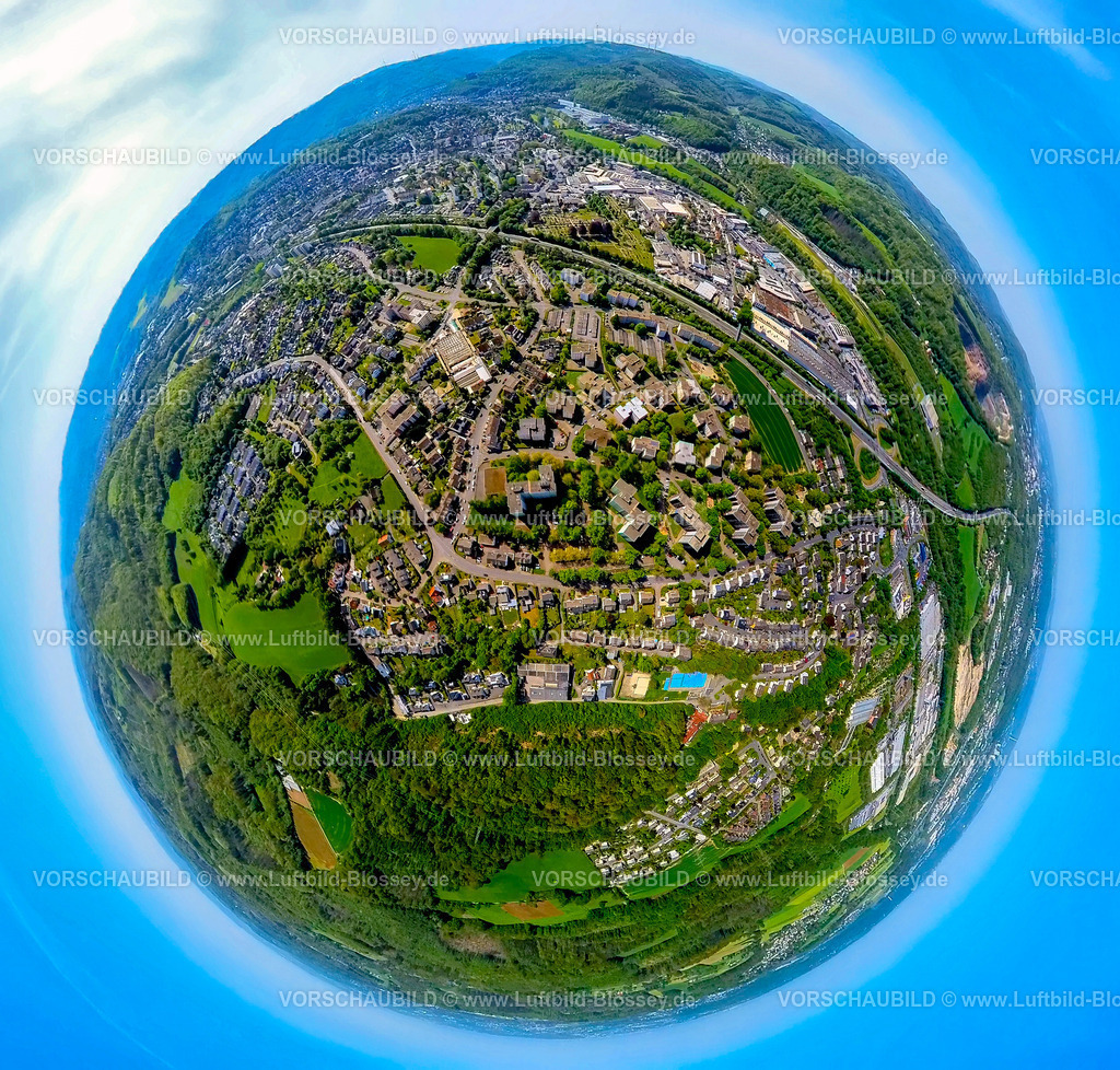 Hagen240590256HochhaussiedlungMozartstrasse_Hohenlimburg | Luftbild, Wohngebiet Hohenlimburg Hochhaussiedlung Mozartstraße, Niederfeld Friedhof, Gewerbegebiet Elseyer Straße, Autobahn A46, Erdkugel, Fisheye Aufnahme, Fischaugen Aufnahme, 360 Grad Aufnahme, tiny world, little planet, fisheye Bild, Hohenlimburg, Hagen, Ruhrgebiet, Nordrhein-Westfalen, Deutschland