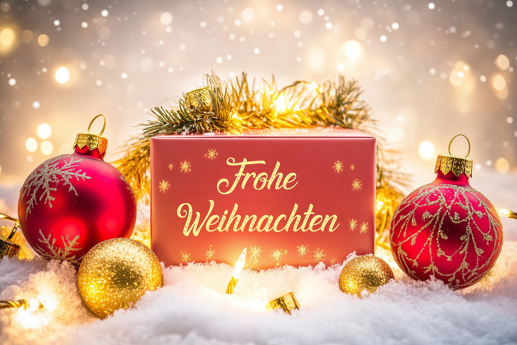 Frohe Weihnachten (K.I.-generiert) | Christmas greetings: Christmas decoration with text FROHE WEIHNACHTEN (A.I.-generated) - Realisiert mit Pictrs.com