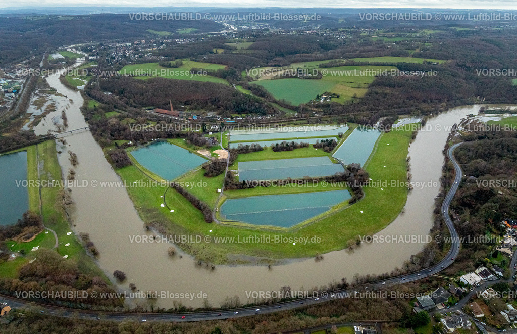 Witten231202025Ruhr | Luftbild, Ruhrhochwasser, Weihnachtshochwasser 2023, Fluss Ruhr tritt nach starken Regenfällen über die Ufer, Überschwemmungsgebiet zwischen Nachtigallbrücke, Zeche Nachtigall und Wasserwerke Westfalen, Straße Ruhrdeich, Witten, Ruhrgebiet, Nordrhein-Westfalen, Deutschland
