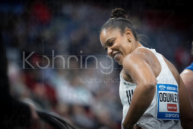 ISTAF Indoor; Duesseldorf, 24.01.2026 | DUESSELDORF, GERMANY - JANUARY 24:  Yemisi Ogunleye (GER) smiling during the shot put competition of the ISTAF Indoor Dusseldorf at PSD Bank Dome on January 24, 2026 in Duesseldorf, Germany. 