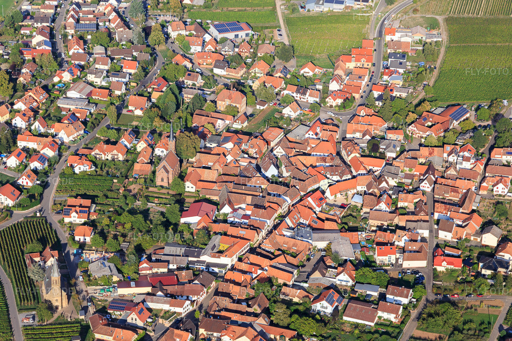 Luftbild: Dorfkern des Winzerdorfs mit Potest. Kirche aus Westen in Birkweiler im Bundesland Rheinland-Pfalz in Deutschland.Foto: IMG_111756.jpg vom 16.09.2018 durch Werner Riehm/FLY-FOTO.deAuflösung des Originals: 5227 x 3485 px