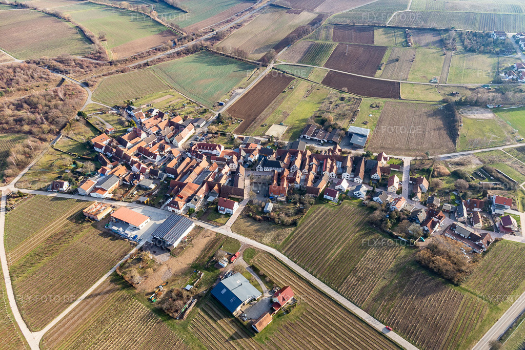 Luftbild: Ortsansicht aus Norden im Ortsteil Oberhofen in Pleisweiler-Oberhofen im Bundesland Rheinland-Pfalz in Deutschland. Foto: IMG_112565.jpg vom 05.02.2019 durch Werner Riehm/FLY-FOTO.de