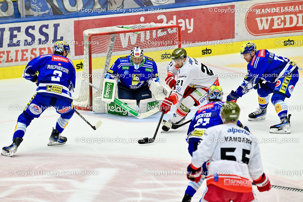 EC IDM Wärmepumpen VSV vs. HC Bozen 19.9.2023 | #2 MACPHERSON Dylan, #1 Jean-Philippe Lamoureux, #21 Ford Connor, #17 Arturs Kulda, win2day icehockeyleague, EC IDM Wärmepumpen - HC Bozen  am 19.09.2023 in Villach (Stadhalle Villach), Austria, (Photo by Bernd Stefan)