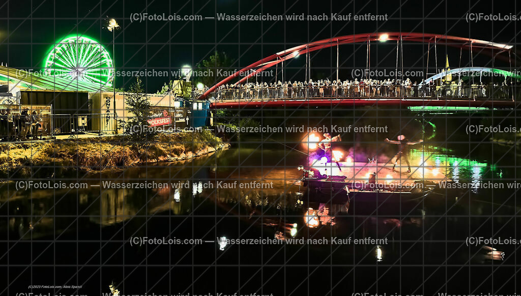 0558_Luftbild_VOLKSFEST-Wlbg_InselFeuer-Show | (C)FotoLois.com, Alois Spandl, Luftbild, Wieselburger VOLKSFEST neu, Feuershow auf der Erlaufinsel unter den Brücken, Do 29. Juni 2023.