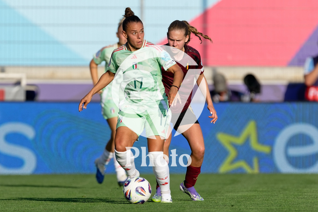 Belgium v Italy - UEFA Women's EURO 2025 Group B | SION, SWITZERLAND - JULY 3: Lisa Boattin of Italy (L) challenged by Jarne Teulings of Belgium (R) during the UEFA Womens EURO 2025 Group B match between Belgium and Italy at Stade de Tourbillon on July 3, 2025 in Sion, Switzerland. (Photo by Giuseppe Velletri/Sports Press Photo/Getty Images)