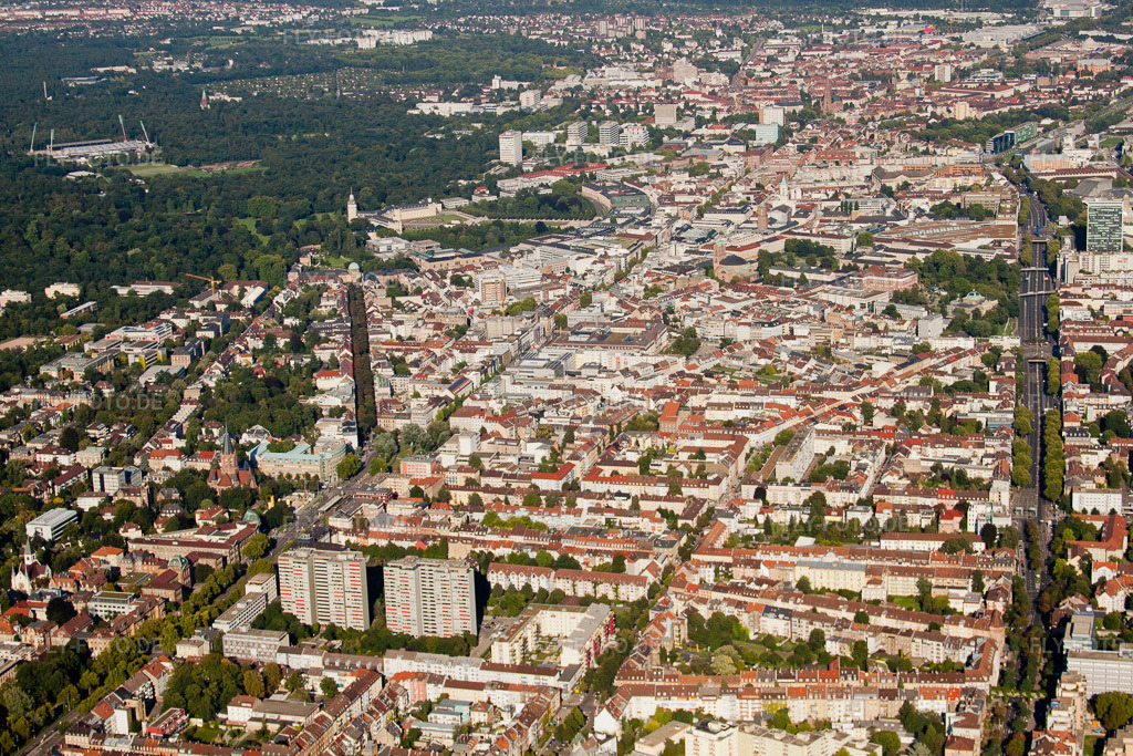 Luftbild: KA, zw. Kaiserallee und Kriegsstr im Ortsteil Weststadt in Karlsruhe im Bundesland Baden-Württemberg in Deutschland. Foto: IMG_32249.jpg vom 21.08.2010 durch Werner Riehm/FLY-FOTO.de