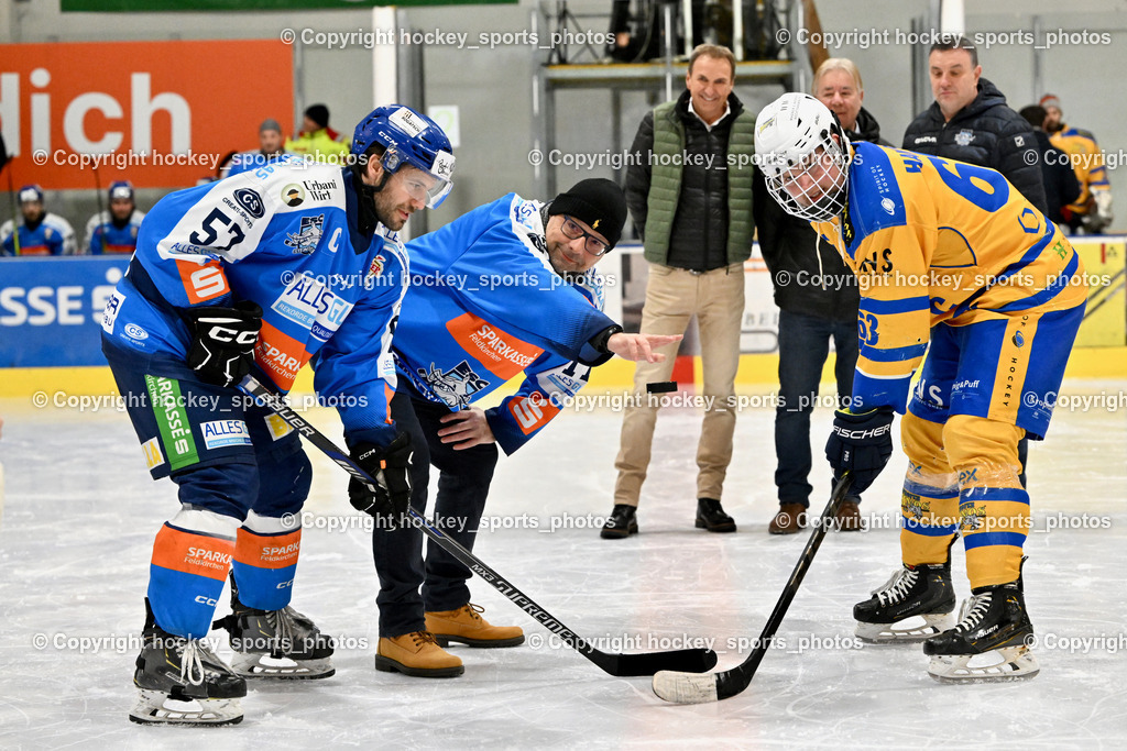 ESC SPARKASSE STEINDORF vs. EHC Althofen | Ehrenbully, #57 Wilfan Franz ESC Steindorf, Sektionsleiter ESC Steindorf Hans Tschernutter, Udo Bergner Vorstand Sparkasse Feldkirchen, Vorstandsdirektor Sparkasse Feldkirchen Gerhard Greimer, #63 Hammerle Simon EHC Althofen, ESC SPARKASSE STEINDORF vs. EHC Althofen, ESC SPARKASSE STEINDORF vs. EHC Althofen am 06.03.2026 in Steindorf (Ossiachersee Halle), Austria, (Photo by Bernd Stefan)