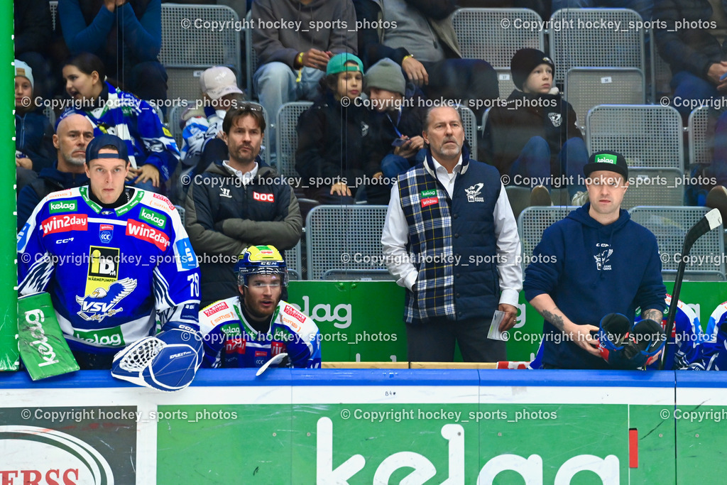 EC IDM WÄRMEPUMPEN VSV vs. Vienna Capitals | Tray Tuomie Headcoach EC VSV, Dr. André Drobez Teamdoc EC VSV, Christoph Apoloner Equipment Manager EC VSV, EC IDM WÄRMEPUMPEN VSV vs. Vienna Capitals, EC IDM WÄRMEPUMPEN VSV vs. Vienna Capitals am 16.11.2025 in Villach (Stadthalle Villach), Austria, (Photo by Bernd Stefan)