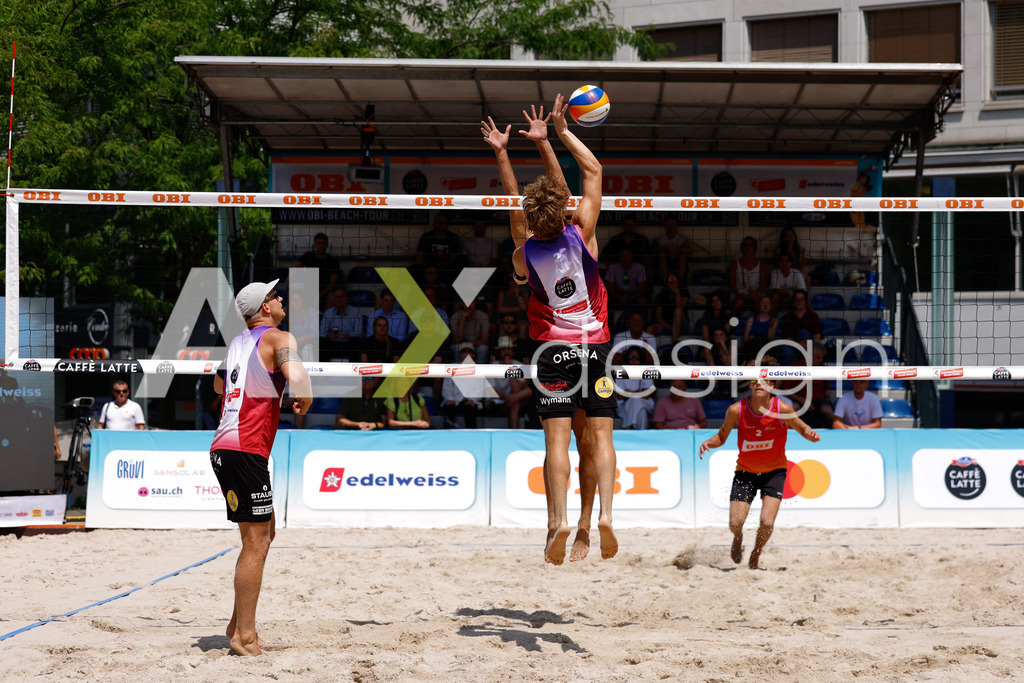 Obi BeachTour 2026 - Basel | BASEL, SWITZERLAND - JULY 17: NOAH YANNIK ALOIS FURRER (SUI) attack / spike during the Obi BeachTour 2026 match between ALLEMANN / LEFFLER (SUI) and FURRER / WYMANN (SUI) at Barfüsserplatz on July 17, 2026 in Basel, Switzerland. - Realisiert mit Pictrs.com