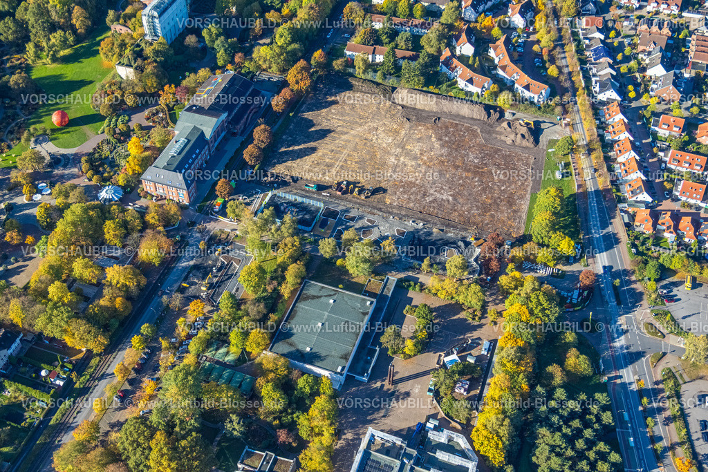 Hamm251001166 | Luftbild, Bauabschnitt der Grünen Umweltachse am Maxipark, Baustelle neben dem Freiherr-vom-Stein-Gymnasium, Eingangsbereich Maximilianpark mit Glaselefant, Uentrop, Hamm, Ruhrgebiet, Nordrhein-Westfalen, Deutschland