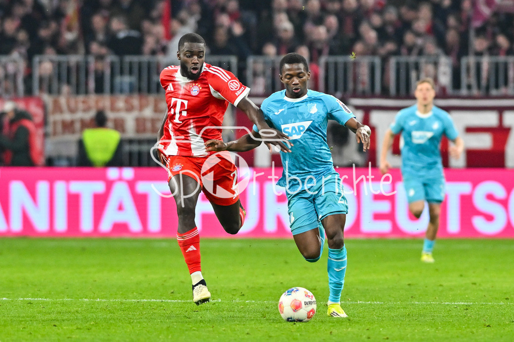 FC Bayern München - TSG 1899 Hoffenheim | MUNICH, GERMANY - 08. FEBRUARY: im Duell Dayot UPAMECANO (FC Bayern Munich 2) und Bazoumana TOURE (TSG Hoffenheim 29) während dem Bundesligamatch zwischen dem FC Bayern München und der TSG 1899 Hoffenheim am 21. Spieltag in der Allianz Arena / DFL REGULATIONS PROHIBIT ANY USE OF PHOTOGRAPHS AS IMAGE SEQUENCES AND/OR QUASI-VIDEO