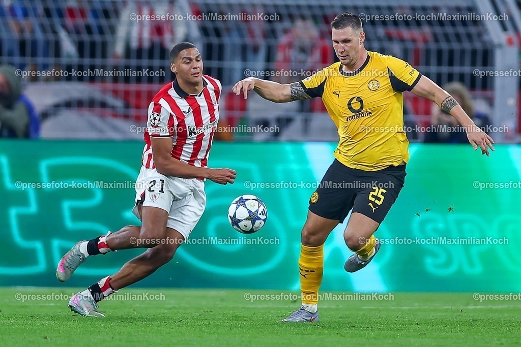 UCL01102501058 | 01.10.2025, Fußball, UEFA Champions League, Borussia Dortmund - Athletic Club Bilbao, BVB Stadion, 2. Spieltag, Saison 2025 2026: Maroan Sannadi (Bilbao #21) im Zweikampf gegen  Niklas Süle (BVB #25)   Regulations prohibit any use of photographs as image sequences and or quasi-video.