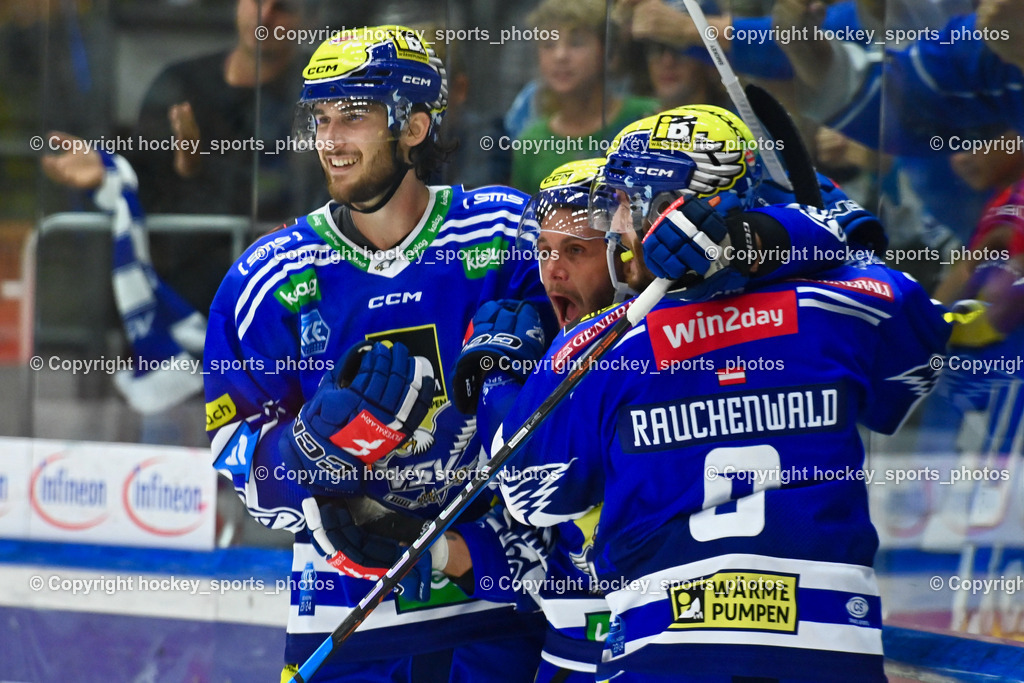 EC IDM Wärmepumpen VSV vs. HC Bozen 19.9.2023 | #8 REBERNIG Maximilian,  #88 Anthony Luciani, #9 RAUCHENWALD Alexander, Jubel EC VSV Mannschaft, win2day icehockeyleague, EC IDM Wärmepumpen - HC Bozen  am 19.09.2023 in Villach (Stadhalle Villach), Austria, (Photo by Bernd Stefan)