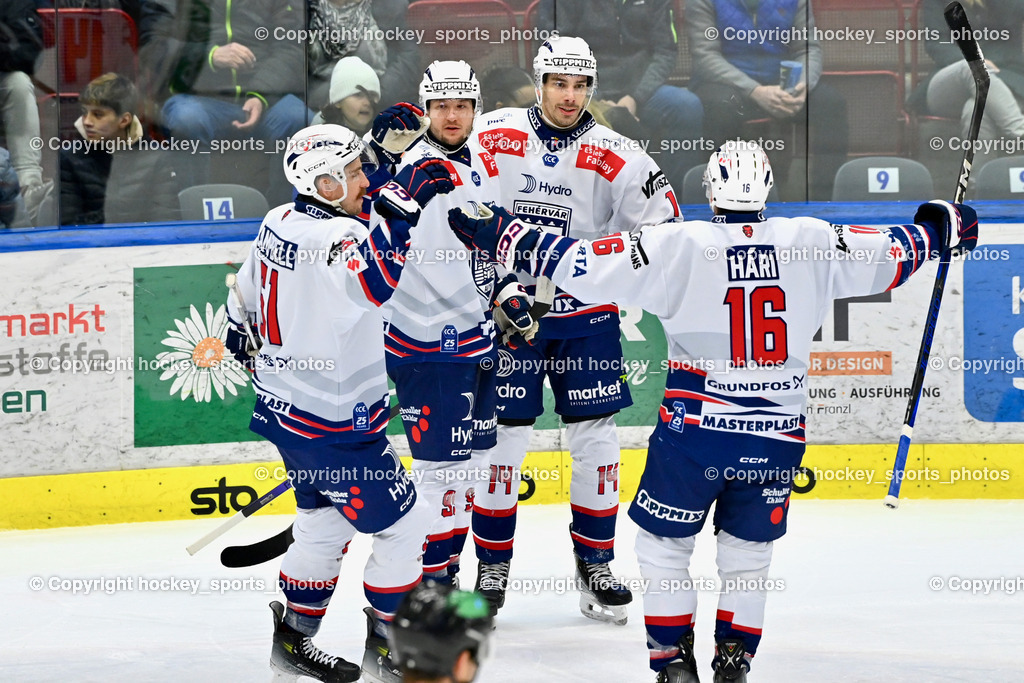 EC IDM WÄRMEPUMPEN VSV vs. HYDRO FEHERVAR AV 19 | #95 Atkinson Joshua HYDRO FEHERVAR, Jubel Hydro Fehervar Mannschaft, #16 Hari Janos HYDRO FEHERVAR, #51 Campbell Timothy HYDRO FEHERVAR, #14 Sebok Balazs HYDRO FEHERVAR, EC IDM WÄRMEPUMPEN VSV vs. HYDRO FEHERVAR AV 19, EC IDM WÄRMEPUMPEN VSV vs. HYDRO FEHERVAR AV 19 am 20.11.2024 in Villach (Stadthalle Villach), Austria, (Photo by Bernd Stefan)