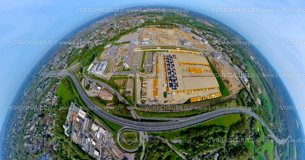 Bochum240490011OPEL_Mark51 7 | Luftbild, Großbaustelle Mark 51/7, O-Werk Campus und Neubau Wissenschafts- und Technologiequartier, ehemaliges Opel Areal an der Autobahn A448, Erdkugel, Fisheye Aufnahme, Fischaugen Aufnahme, 360 Grad Aufnahme, tiny world, little planet, fisheye Bild, Laer, Bochum, Ruhrgebiet, Nordrhein-Westfalen, Deutschland