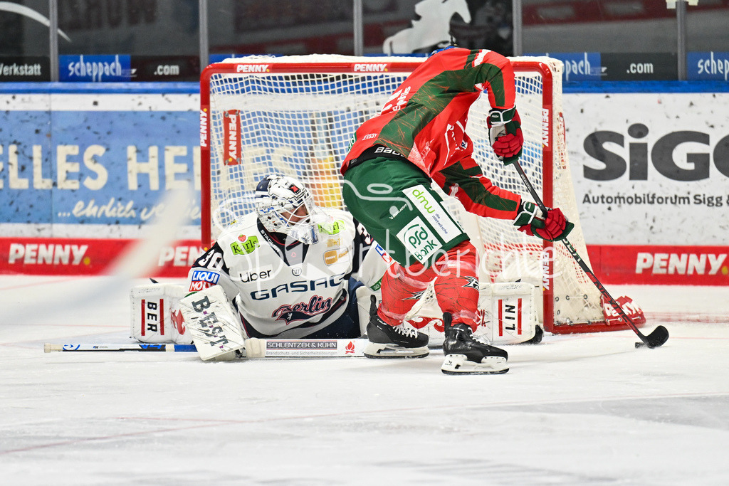Augsburger Panther - Eisbären Berlin | AUGSBURG, GERMANY - 27. JANUARY: Jason BAST (Augsburger Panther 45) scheitert in dieser Szene an Jake HILDEBRAND (Eisbären Berlin 30) während dem Match zwischen den Augsburger Panthern und den Fischtown Pinguins am 43. Spieltag der Penny DEL im Curt Frenzel Stadion