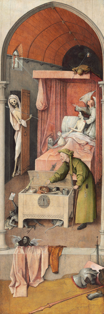 Hieronymus Bosch - Der Tod und der Geizhals | Moderne Wandbilder auf Leinwand, Acylglas, Alu-Dibond oder als Poster. Tauchen Sie ein in die Welt KI-generierter Kunstwerke - entdecken Sie hochwertige Kunstdrucke unserer Gemälde, Illustrationen und fotorealistischen Motive.