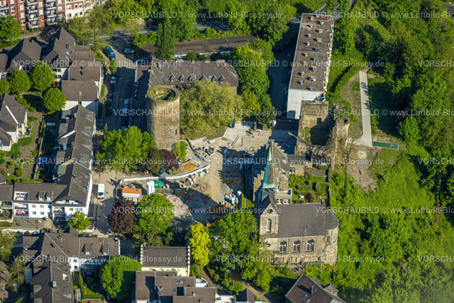 Wetter240503479 | Luftbild, Burgruine Wetter, Burgturm, evang.-reformierte Kirche, Wohnblock, Freiheit Wetter, Wetter, Ruhrgebiet, Nordrhein-Westfalen, Deutschland