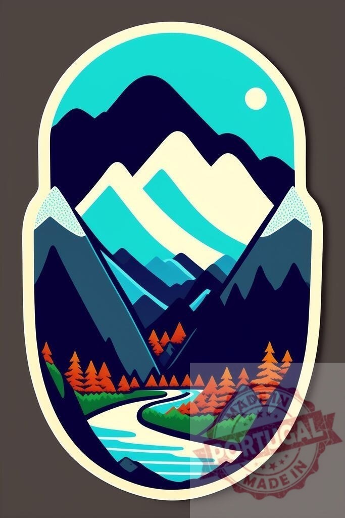 Mountain landscape with river flowing through forest | Stylized mountain, river, and forest landscape illustration perfect for travel or outdoor themes - Realisiert mit Pictrs.com
