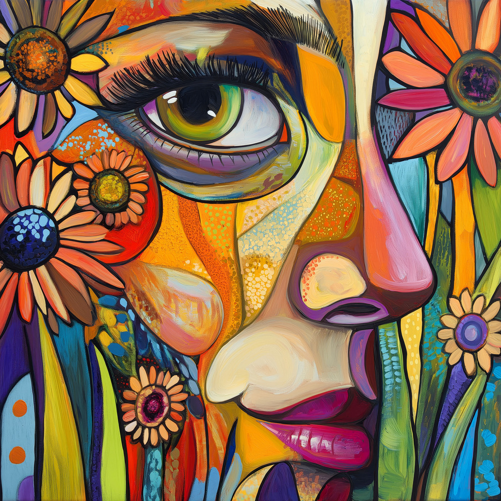 2412013 - Blumenfee | Ein weibliches Gesicht zwischen floralen Motiven im Stil eines Gemäldes.