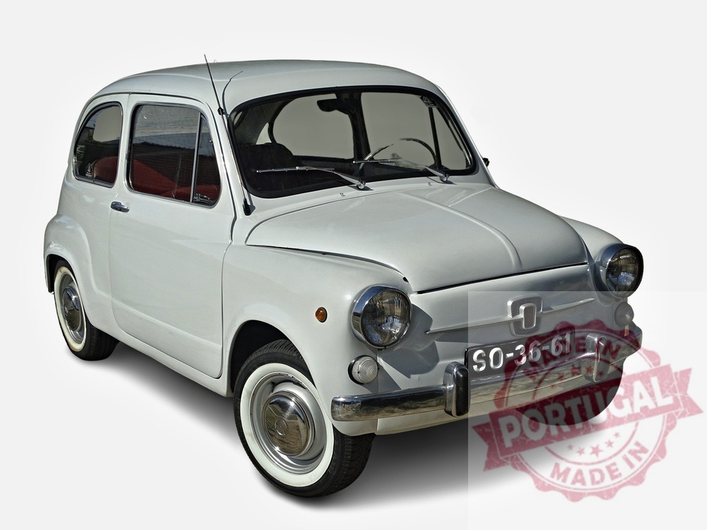 White Fiat 600 parked, showing its front and side | Classic white Fiat 600 parked on a white background, showcasing its vintage design - Realized with Pictrs.com