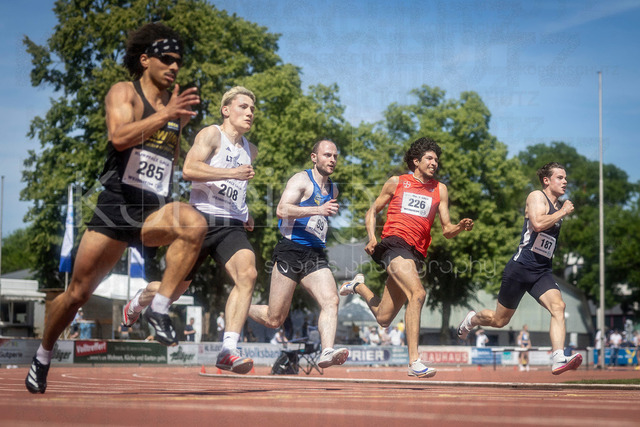 B&amp;S Kurpfalz Gala; Weinheim, 23.05.2026 | WEINHEIM, GERMANY - MAY 24: Jonathan Elias Reich (GER/LT DSHS Köln), Niklas Wiethoff (GER/LAC Quelle Fürth), Makrini Younes El (GER/TSV Bayer o4 Leverkusen) and Noah Müller (GER/Cologne Athletics) over 200m during the B&amp;S Kurpfalz Gala am 23.05.2026 at the  Sepp-Herberger-Stadium in Weinheim (Baden-Wuerttemberg / Germany).