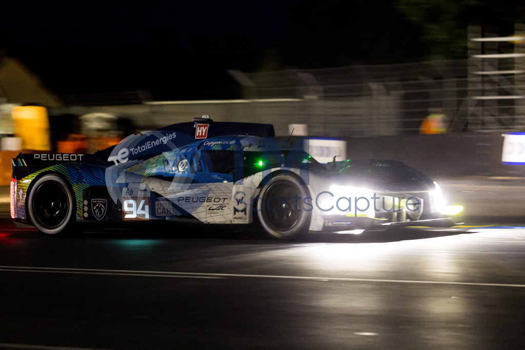 Trainproduction-20230607-2048 | LE MANS,FRANCE,07.Jun.23 - MOTORSPORTS - WEC, FIA World Endurance Championships, 24 Hours of Le Mans, Circuit de la Sarthe, free practice 1. Image shows Loic Duval (FRA), Gustavo Menezes (USA) and Nico Mueller (SUI/ Peugeot Totalenergies). Photo: Trainproduction / Matthias Trinkl