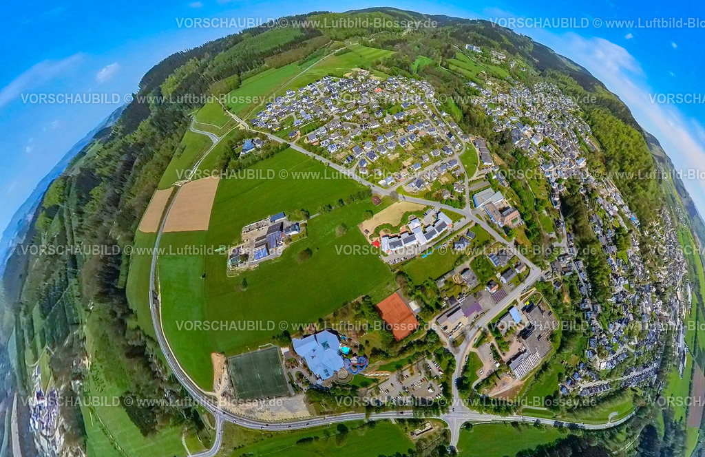 Schmallenberg240590309BadFredeburg_Umgehun-L776 | Luftbild, Baustelle und Neubau der Umgehungsstraße L776n Richtung Gellinghausen, SauerlandBad und Sportplatz, Blick zum Wohngebiet Stoppelhof, Erdkugel, Fisheye Aufnahme, Fischaugen Aufnahme, 360 Grad Aufnahme, tiny world, little planet, fisheye Bild, Fredeburg, Schmallenberg, Sauerland, Nordrhein-Westfalen, Deutschland