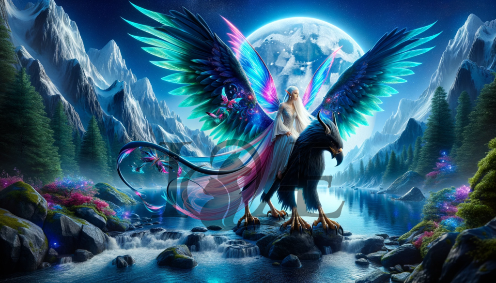 DALL_E 2023-10-06 15.34.45 - Photorealistic scene of the elven lady with vibrant neon fairy wings_ riding a powerful black griffin with grand wings. Together_ they stand by a crys | psy4fly - Realisiert mit Pictrs.com