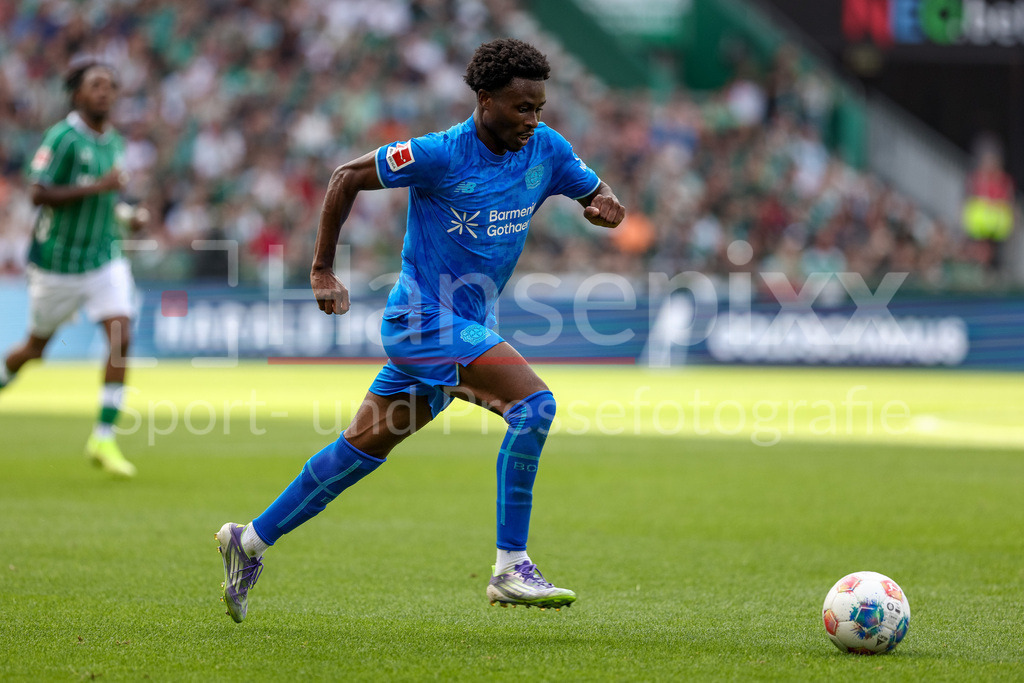 Fussball, Bundesliga, SV Werder Bremen - Bayer 04 Leverkusen | Nathan Tella (Bayer 04 Leverkusen, 23) am Ball, Freisteller, Einzelbild, Ganzkörper, Aktion, Action, Spielszene, DIE DFL-RICHTLINIEN UNTERSAGEN JEGLICHE NUTZUNG VON FOTOS ALS SEQUENZBILDER UND/ODER VIDEOÄHNLICHE FOTOSTRECKEN. DFL REGULATIONS PROHIBIT ANY USE OF PHOTOGRAPHS AS IMAGE SEQUENCES AND/OR QUASI-VIDEO.