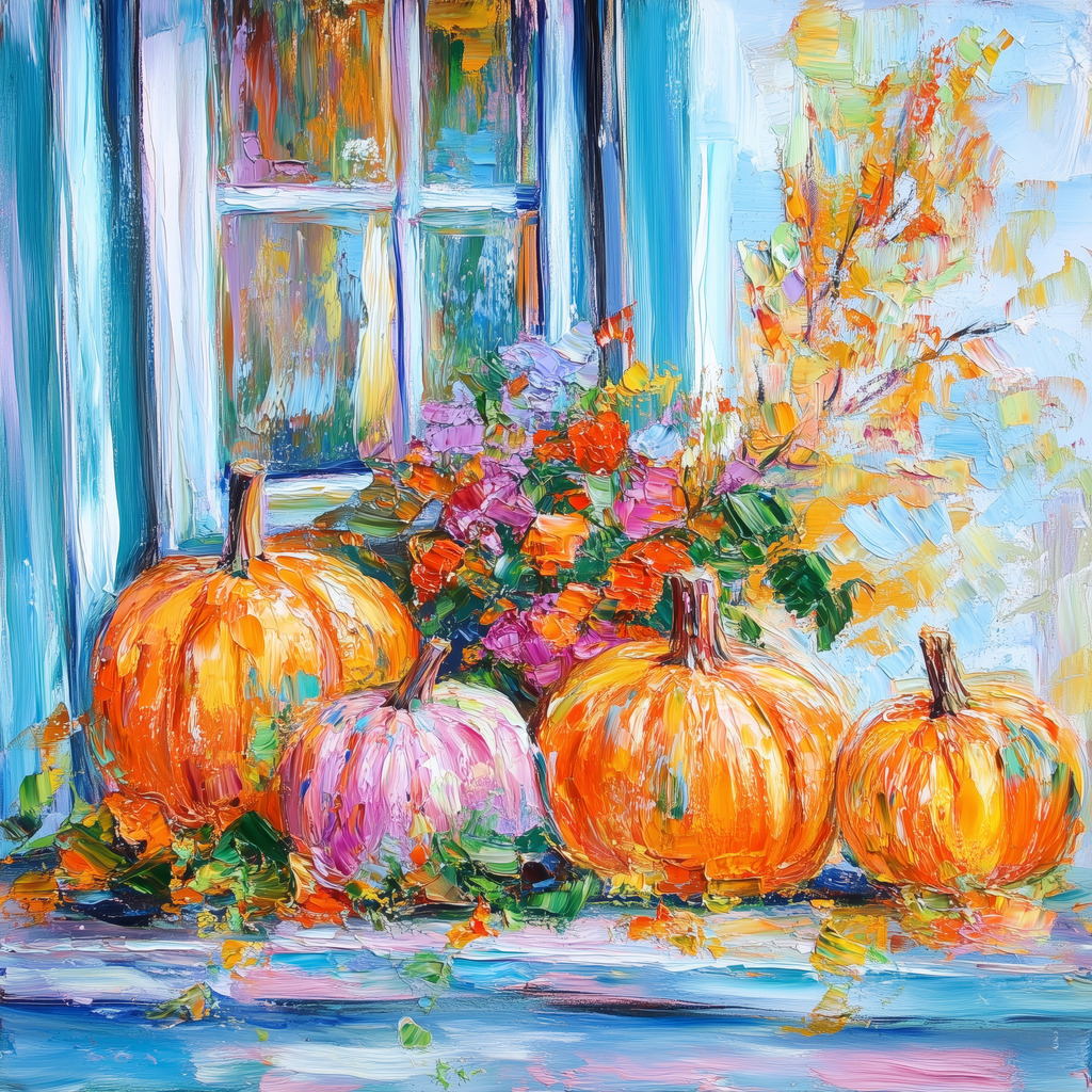 2410004 - Kürbisse am Fenster | Kürbisse vor einem Fenster im Stil eines Gemäldes.