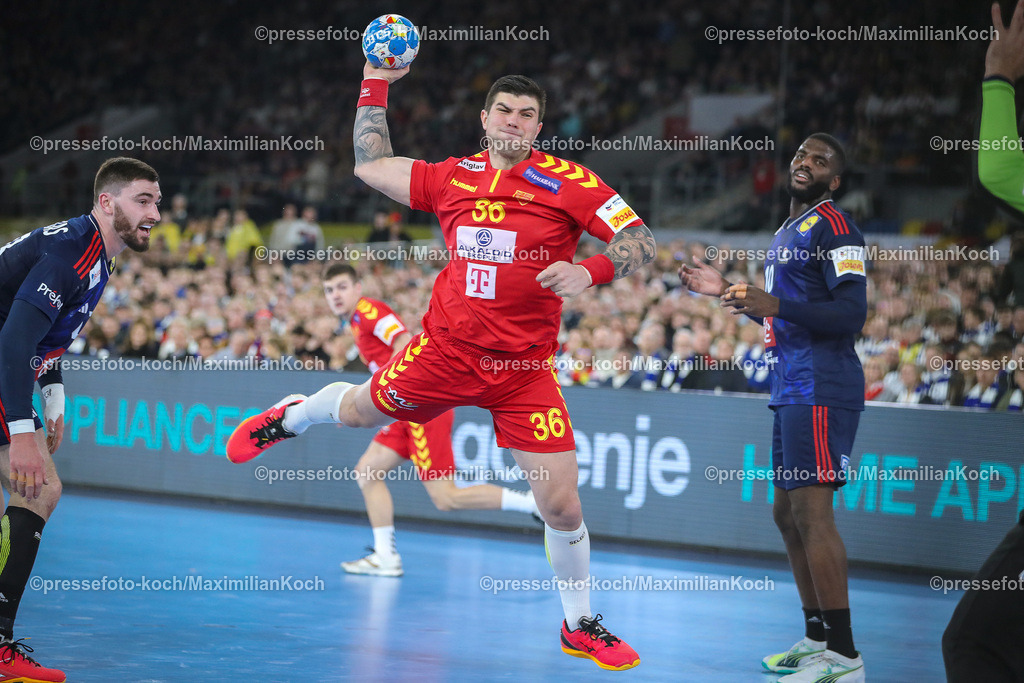 EHFEURO10012401033 | 10.01.2024, EHF EURO 2024, Männer Europameisterschaft Handball, MERKUR Spiel-Arena in Düsseldorf, Frankreich - Nordmazedonien: Milan Lazarevski (Nordmazedonien)