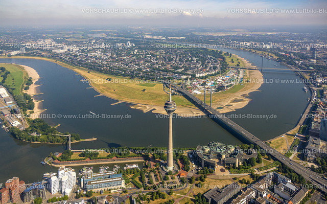 Duesseldorf220700905 | Luftbild, Landtag Nordrhein-Westfalen, Rheinturm, Rheinkniebrücke, RheinKirmes in den Rheinwiesen, Blick nach Oberkassel, Hafen, Düsseldorf, Rheinland, Nordrhein-Westfalen, Deutschland