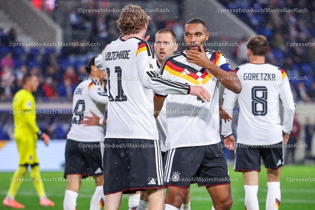 DFB14112501176 | 14.11.2025, Fußball, Länderspiel, WM-Qualifikation Europa, Deutschland - Luxemburg, Stade de Luxembourg (Croix de Gasperich, Luxemburg), 9. Spieltag, Saison 2025 2026: Torjubel nach dem Tor zum 1:0 durch Torschütze Nick Woltemade (GER #11)  zusammen mit  Waldemar Anton (GER #03) Jonathan Tah (GER #04) Leon Goretzka (GER #08) Regulations prohibit any use of photographs as image sequences and or quasi-video.