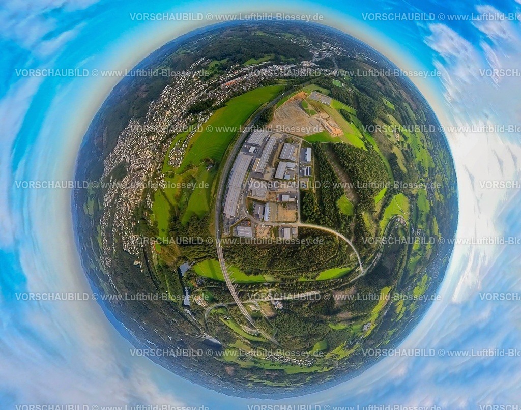 Olpe230990441GewerbegebietA45Konrad-Zuse_Strasse | Luftbild, Gewerbepark Hüppcherhammer, Konrad-Zuse-Straße an der Autobahn A45, Erdkugel, Fisheye Aufnahme, Fischaugen Aufnahme, 360 Grad Aufnahme, tiny world, Olpe-Stadt, Olpe, Sauerland, Nordrhein-Westfalen, Deutschland