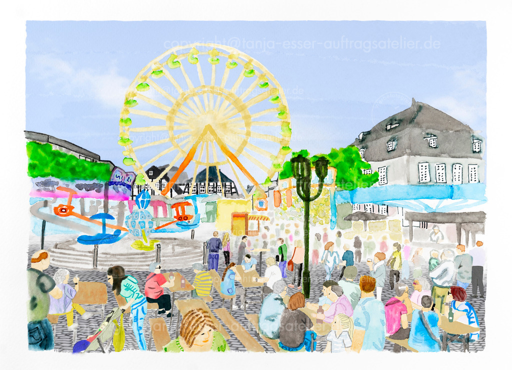 Briloner Kirmes mit Kirmestrubel auf dem Marktplatz, Aquarell | Aquarell Briloner Michaelis Kirmes. Viele Menschen tummeln sich auf dem Marktplatz. Karusselle und das Riesenrad stehen vor den Fachwerkhäusern. Es gibt viel zu entdecken.