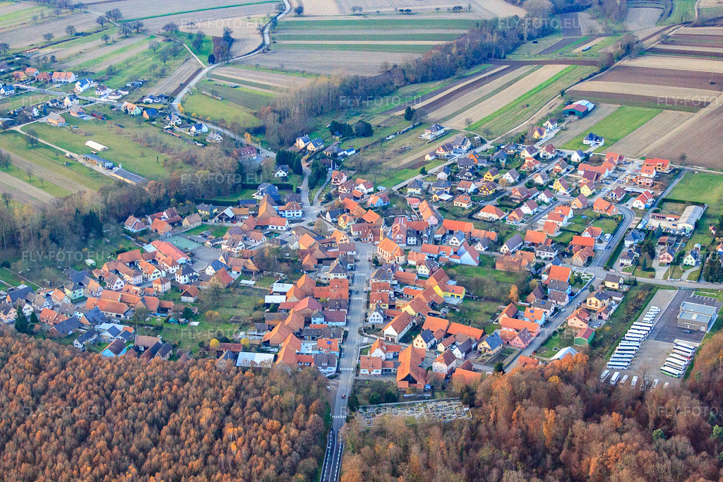 Vue aérienne: Vue d'ensemble du village depuis le sud-est à Schaffhouse-près-Seltz dans le département Bas Rhin, France – .Photo: IMG_22962.jpg prise le 21/11/2009 par Werner Riehm/FLY-FOTO.eu – Résolution de l'original: 4752 x 3168 px
