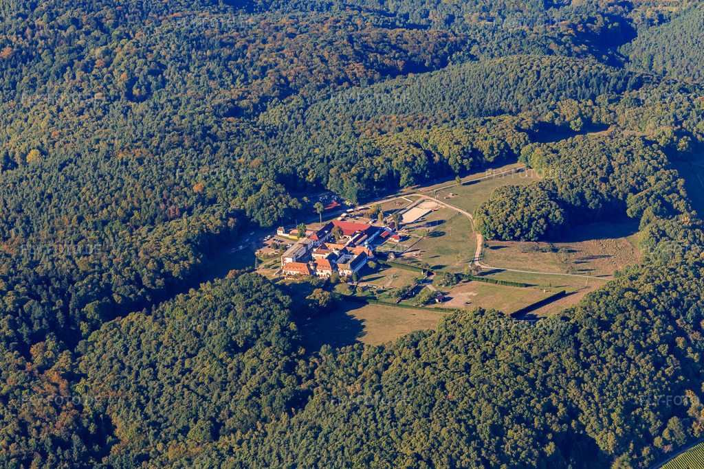 Luftbild: Pferedepension im Kloster Liebfrauenberg in Bad Bergzabern im Bundesland Rheinland-Pfalz in Deutschland. Foto: IMG_095296.jpg vom 16.10.2016 durch Werner Riehm/FLY-FOTO.de
