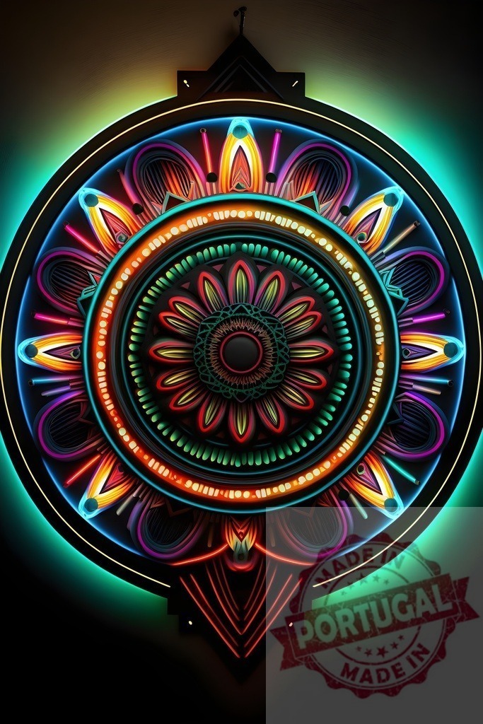 Colorful neon glowing mandala symbol on black background | Neon mandala glowing with vibrant multi-color light, creating an intricate symmetrical pattern - Realisiert mit Pictrs.com