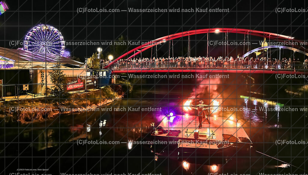 0492_Luftbild_VOLKSFEST-Wlbg_InselFeuer-Show | (C)FotoLois.com, Alois Spandl, Luftbild, Wieselburger VOLKSFEST neu, Feuershow auf der Erlaufinsel unter den Brücken, Do 29. Juni 2023.