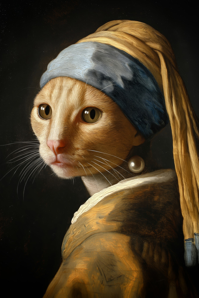 2404006 - Katze mit Perlenohrring | Moderne Wandbilder auf Leinwand, Acylglas, Alu-Dibond oder als Poster. Tauchen Sie ein in die Welt KI-generierter Kunstwerke - entdecken Sie hochwertige Kunstdrucke unserer Gemälde, Illustrationen und fotorealistischen Motive.