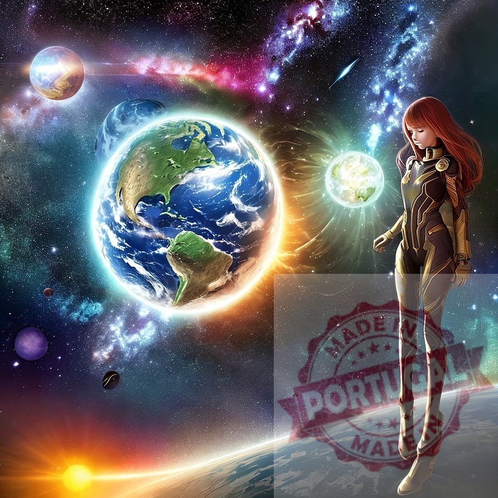 Futuristic woman floating near a glowing Earth | Futuristic woman standing in space with planet Earth and colorful galaxy - Realized with Pictrs.com