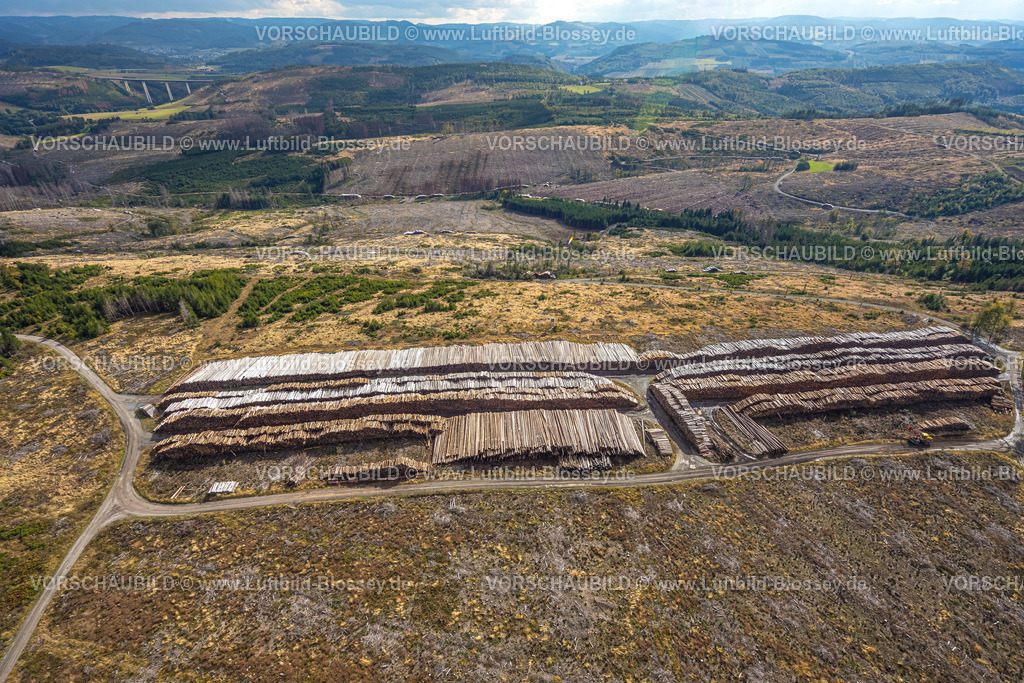 Bestwig220902115 | Luftbild, Waldschäden, Waldsterben, Holzstapel, Baumstämme, Formen und Farben, Ostwig, Bestwig, Ruhrgebiet, Nordrhein-Westfalen, Deutschland